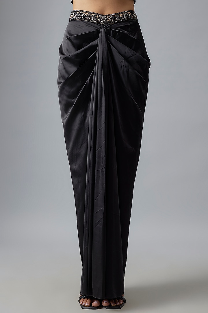 Black Tulle & Satin Floral Embroidered Dhoti Skirt Set by DiyaRajvvir at Pernia's Pop Up Shop