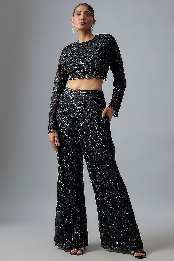 Black Tulle Beads Embroidered Pant Set by DiyaRajvvir at Pernia's Pop Up Shop