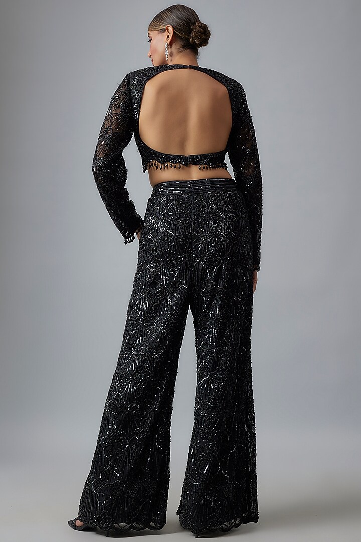 Black Tulle Beads Embroidered Pant Set by DiyaRajvvir at Pernia's Pop Up Shop