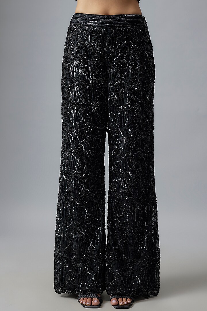 Black Tulle Beads Embroidered Pant Set by DiyaRajvvir at Pernia's Pop Up Shop