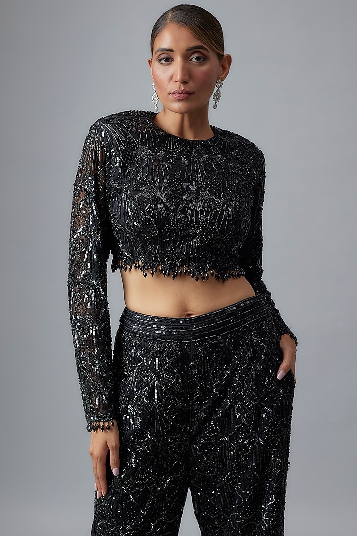 Black Tulle Beads Embroidered Pant Set by DiyaRajvvir at Pernia's Pop Up Shop