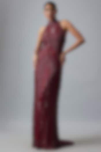 Maroon Tulle Bead Embroidered Gown by DiyaRajvvir at Pernia's Pop Up Shop