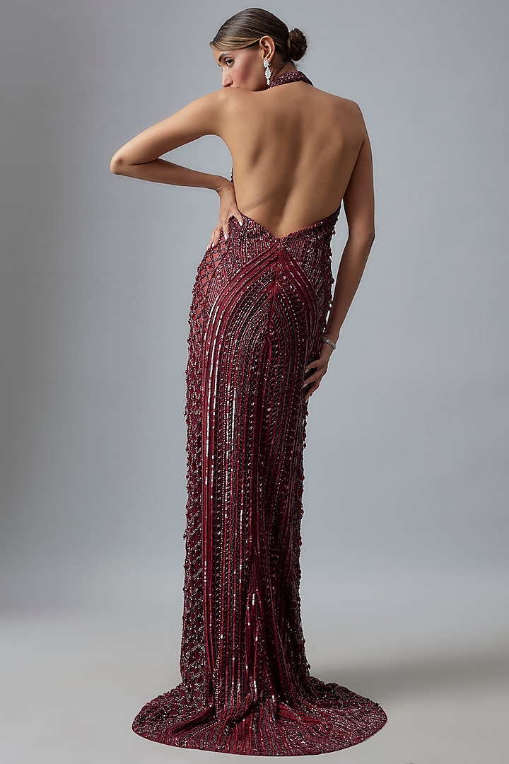 Maroon Tulle Bead Embroidered Wedding Gown by DiyaRajvvir at Pernia's Pop Up Shop