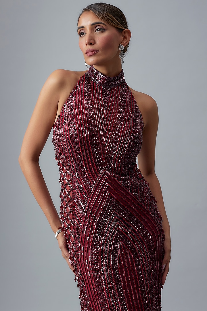 Maroon Tulle Bead Embroidered Wedding Gown by DiyaRajvvir at Pernia's Pop Up Shop