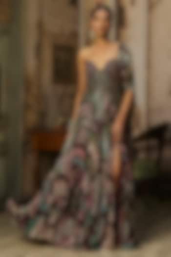 Pum & Olive Green Georgette Draped Corset Engagement Gown by DiyaRajvvir at Pernia's Pop Up Shop