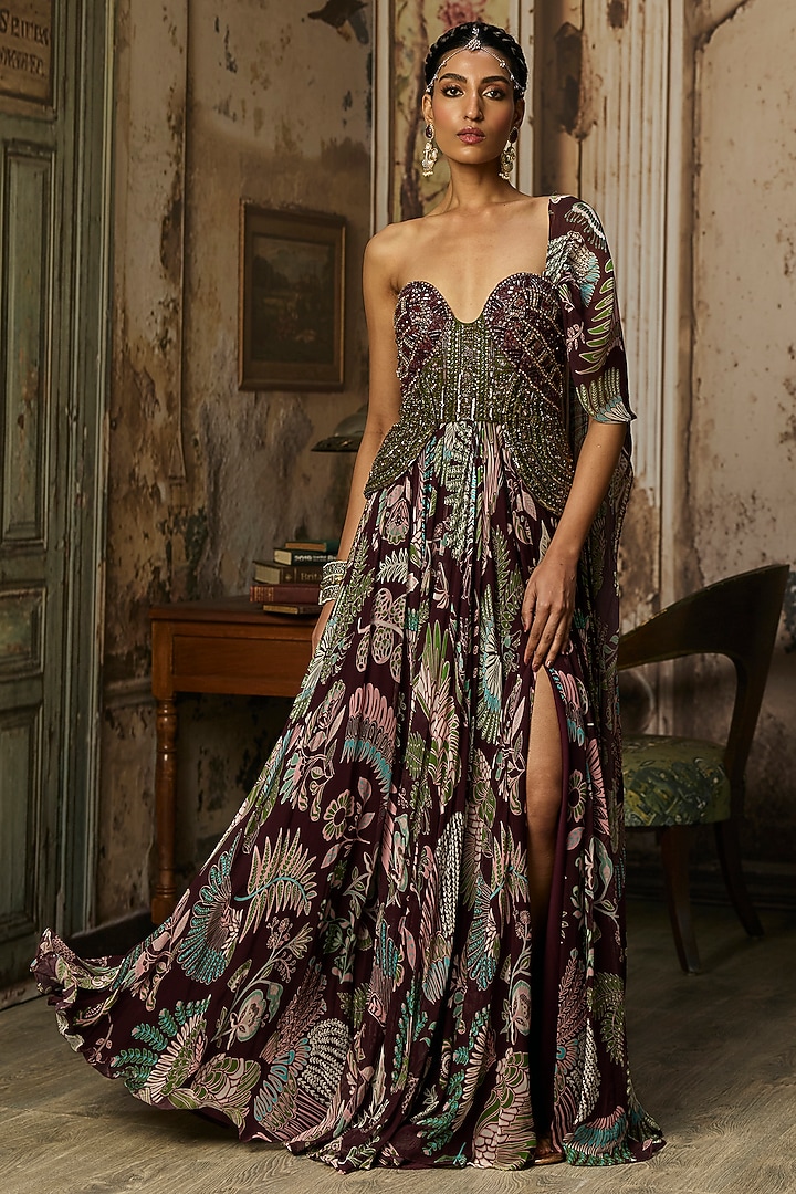 Pum & Olive Green Georgette Draped Corset Engagement Gown by DiyaRajvvir at Pernia's Pop Up Shop