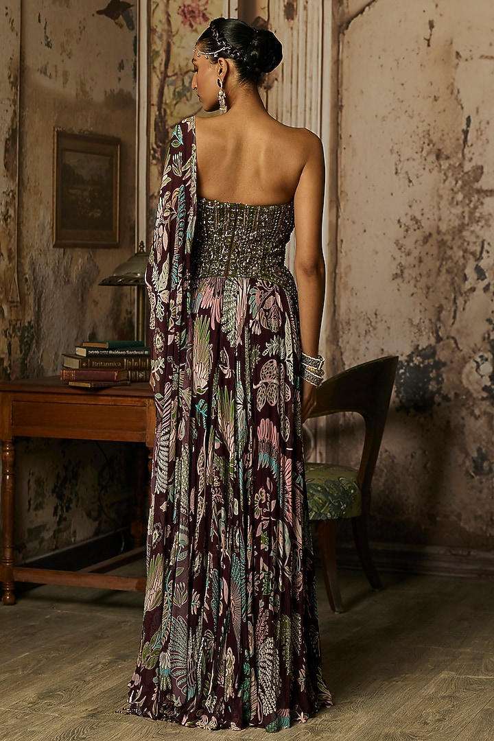 Pum & Olive Green Georgette Draped Corset Engagement Gown by DiyaRajvvir at Pernia's Pop Up Shop