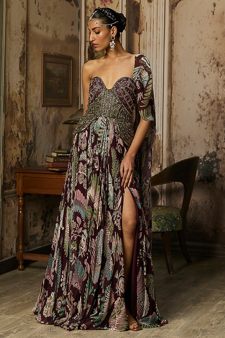 Pum & Olive Green Georgette Draped Corset Engagement Gown by DiyaRajvvir at Pernia's Pop Up Shop