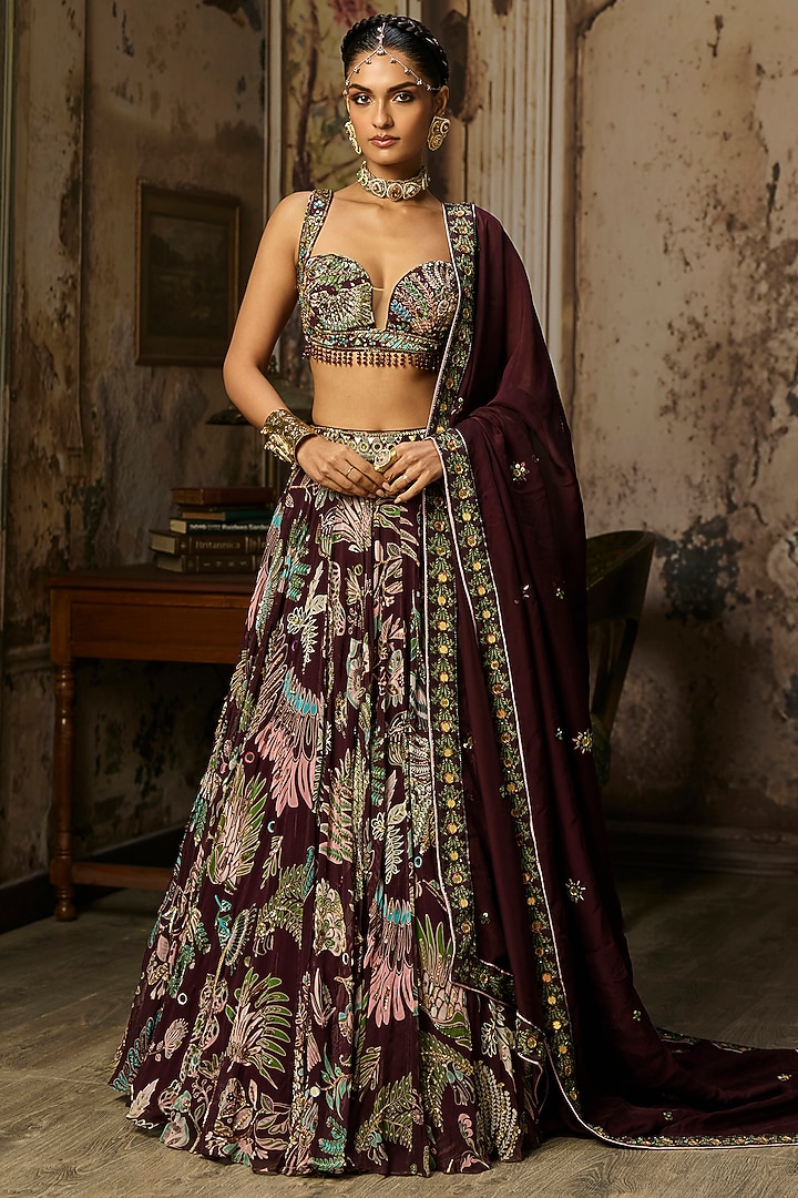 Plum Georgette Featherfall Printed Wedding Lehenga Set by DiyaRajvvir at Pernia's Pop Up Shop