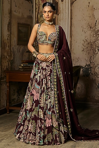 Plum Georgette Featherfall Printed Lehenga Set by DiyaRajvvir