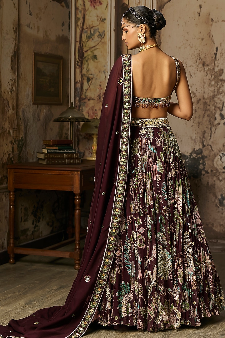 Plum Georgette Featherfall Printed Wedding Lehenga Set by DiyaRajvvir at Pernia's Pop Up Shop