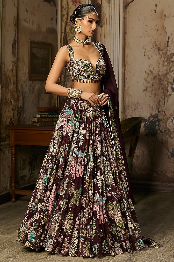 Plum Georgette Featherfall Printed Wedding Lehenga Set by DiyaRajvvir at Pernia's Pop Up Shop