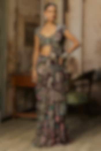 Plum Georgette Featherfall Printed Draped Skirt Wedding Saree Set by DiyaRajvvir at Pernia's Pop Up Shop