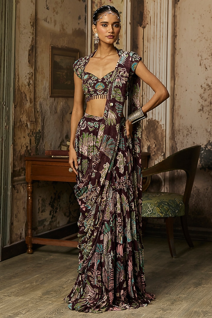 Plum Georgette Featherfall Printed Draped Skirt Wedding Saree Set by DiyaRajvvir at Pernia's Pop Up Shop