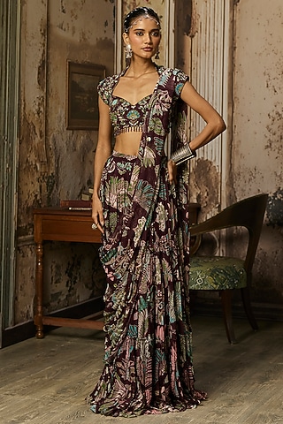 Plum Georgette Featherfall Printed Draped Skirt Saree Set by DiyaRajvvir