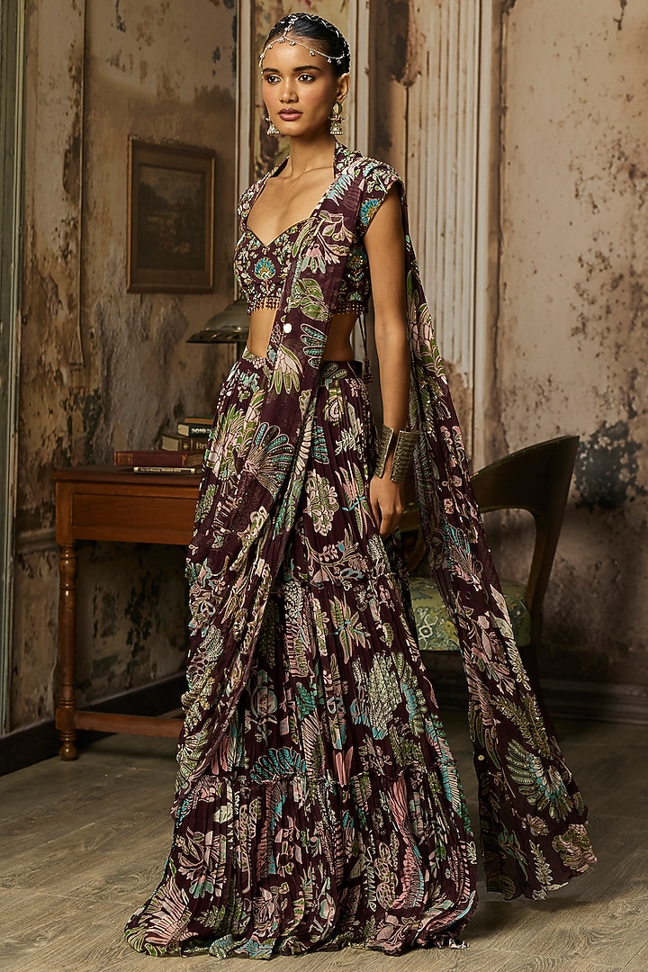 Plum Georgette Featherfall Printed Draped Skirt Wedding Saree Set by DiyaRajvvir at Pernia's Pop Up Shop