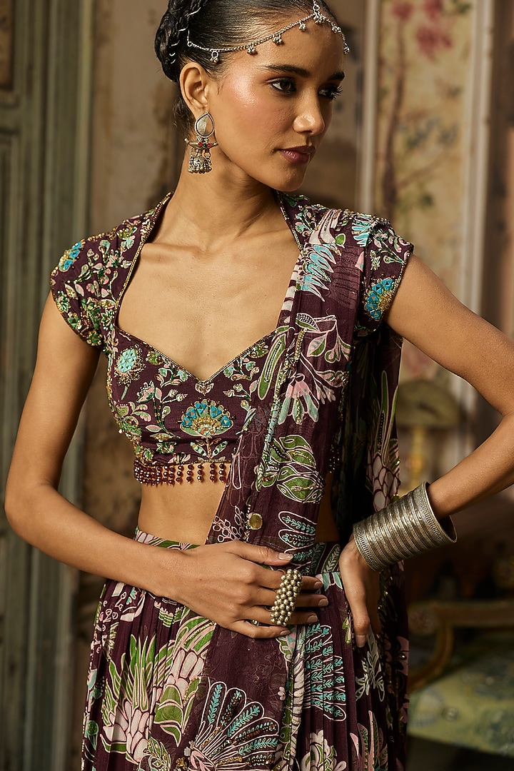 Plum Georgette Featherfall Printed Draped Skirt Wedding Saree Set by DiyaRajvvir at Pernia's Pop Up Shop