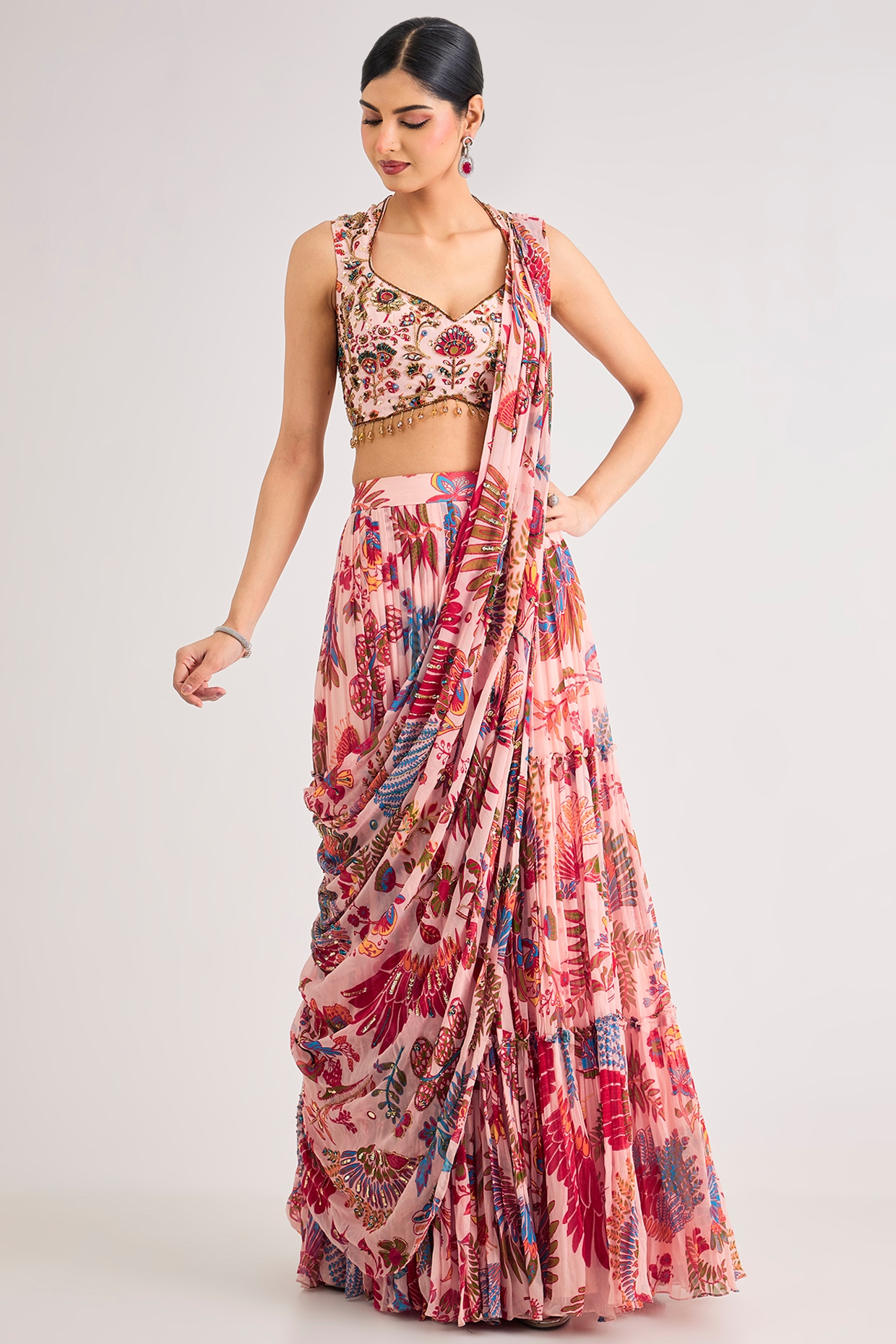 DiyaRajvvir Blush Pink Crepe Featherfall Printed Draped Skirt Saree Set