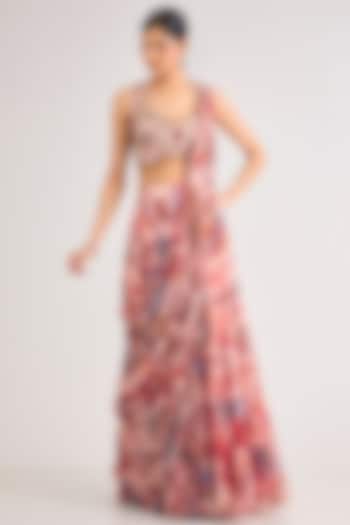 Blush Pink Crepe Featherfall Printed Draped Skirt Wedding Saree Set by DiyaRajvvir at Pernia's Pop Up Shop