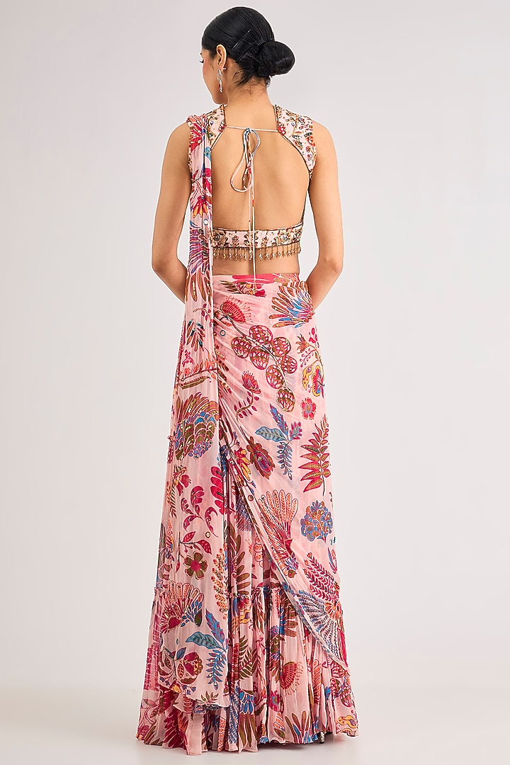 Blush Pink Crepe Featherfall Printed Draped Skirt Wedding Saree Set by DiyaRajvvir at Pernia's Pop Up Shop