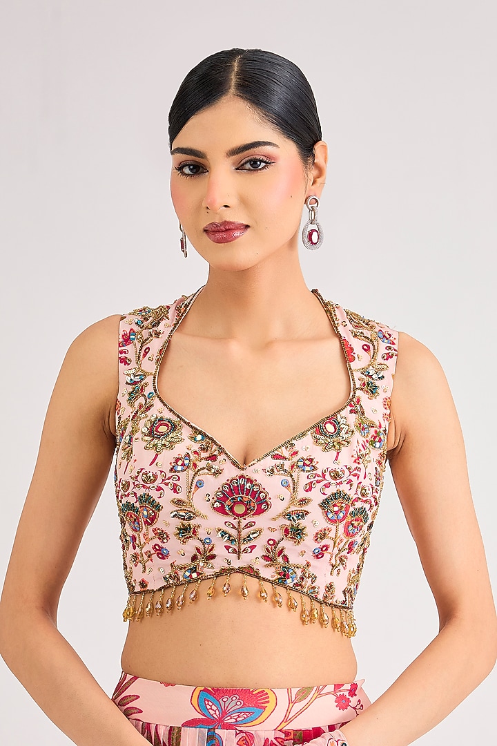 Blush Pink Crepe Featherfall Printed Draped Skirt Wedding Saree Set by DiyaRajvvir at Pernia's Pop Up Shop