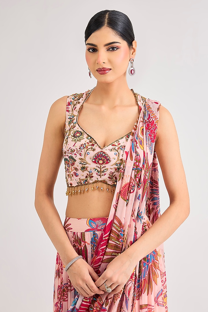 Blush Pink Crepe Featherfall Printed Draped Skirt Wedding Saree Set by DiyaRajvvir at Pernia's Pop Up Shop