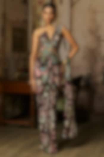 Plum Crepe Featherfall Printed Dhoti Skirt Wedding Saree Set by DiyaRajvvir at Pernia's Pop Up Shop