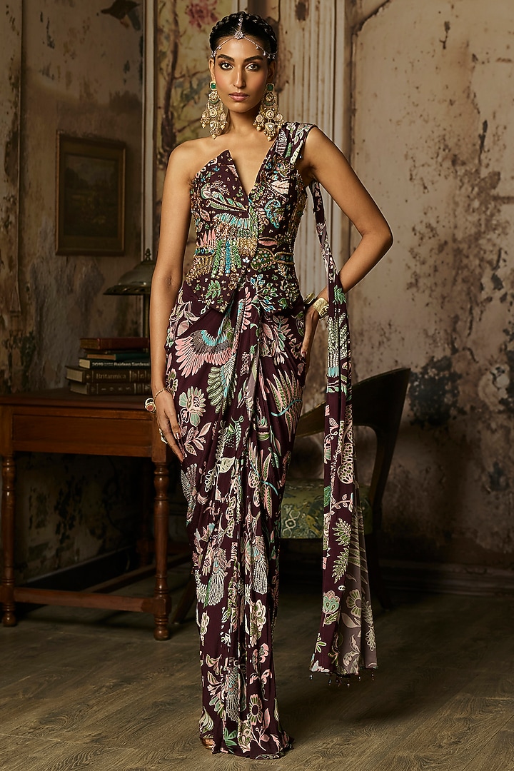 Plum Crepe Featherfall Printed Dhoti Skirt Wedding Saree Set by DiyaRajvvir at Pernia's Pop Up Shop