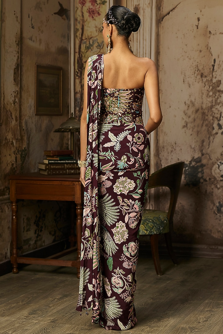 Plum Crepe Featherfall Printed Dhoti Skirt Wedding Saree Set by DiyaRajvvir at Pernia's Pop Up Shop
