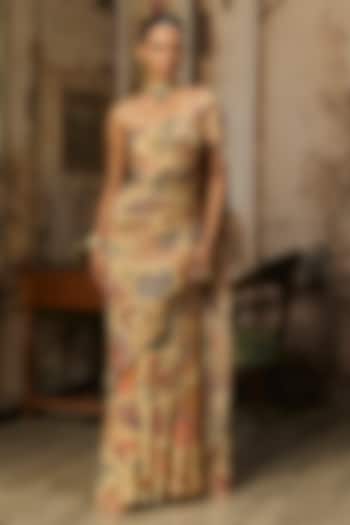 Beige Crepe Featherfall Printed Draped Wedding Gown Saree  by DiyaRajvvir at Pernia's Pop Up Shop