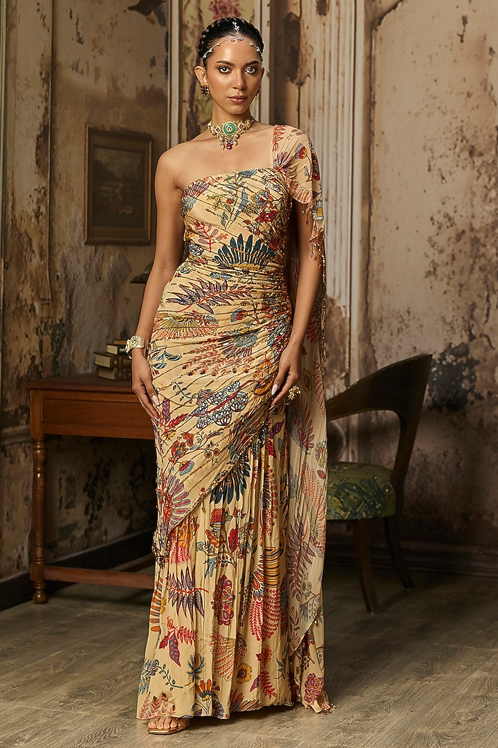 Beige Crepe Featherfall Printed Draped Wedding Gown Saree  by DiyaRajvvir at Pernia's Pop Up Shop