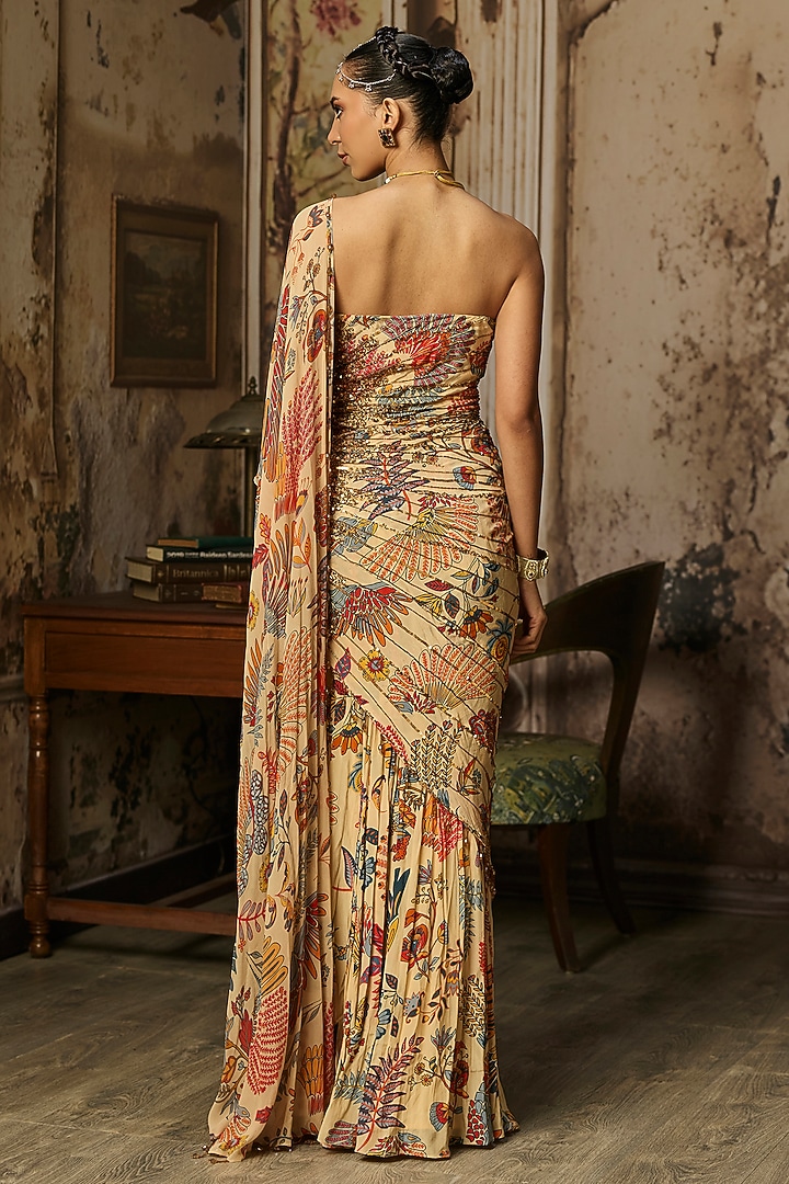 Beige Crepe Featherfall Printed Draped Wedding Gown Saree by DiyaRajvvir at Pernia's Pop Up Shop