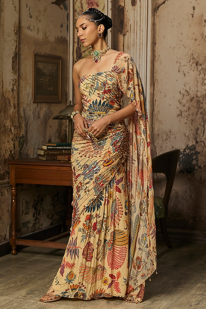 Beige Crepe Featherfall Printed Draped Wedding Gown Saree by DiyaRajvvir at Pernia's Pop Up Shop