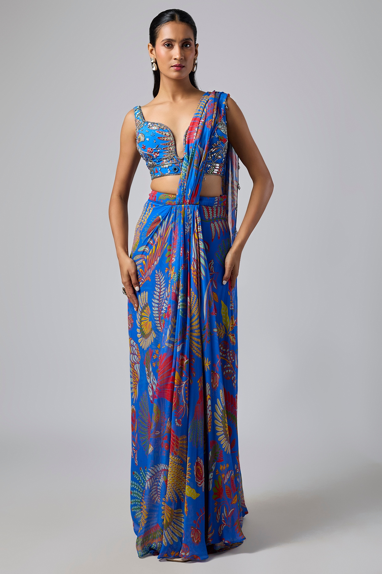 DiyaRajvvir Electric Blue Crepe Featherfall Printed Draped Skirt Saree Set
