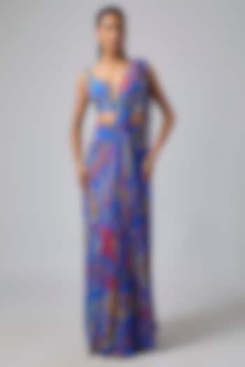 Electric Blue Crepe Featherfall Printed Draped Skirt Wedding Saree Set by DiyaRajvvir at Pernia's Pop Up Shop