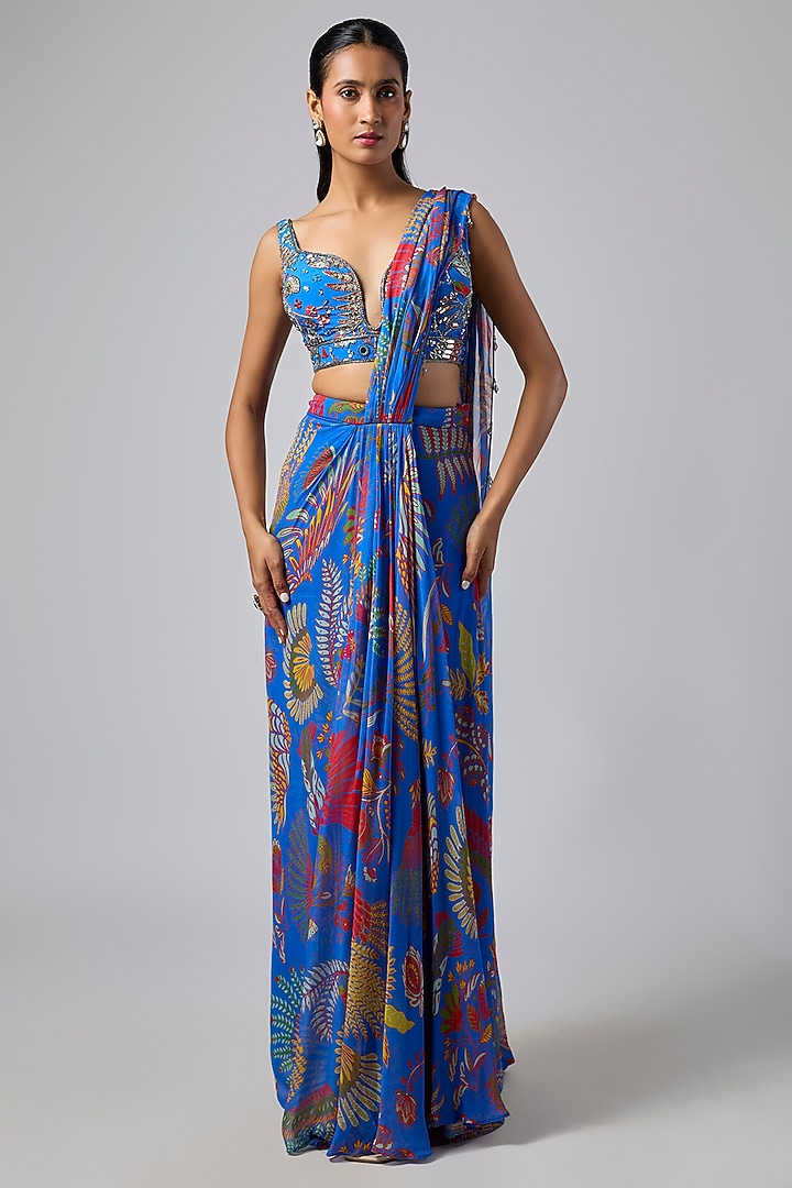 Electric Blue Crepe Featherfall Printed Draped Skirt Wedding Saree Set by DiyaRajvvir at Pernia's Pop Up Shop