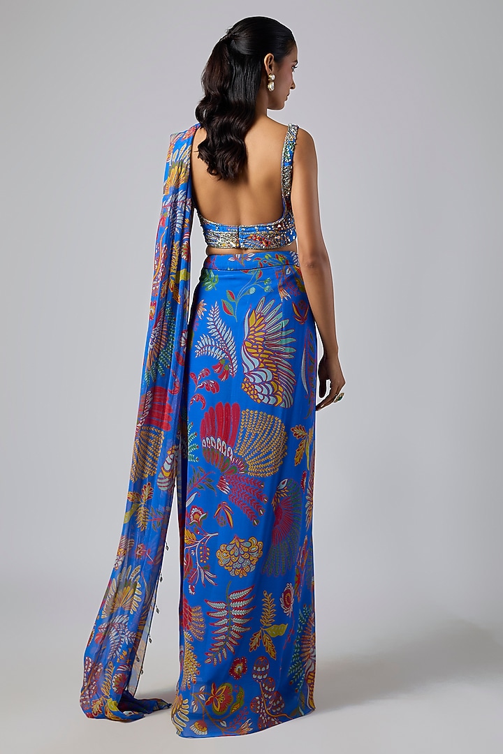 Electric Blue Crepe Featherfall Printed Draped Skirt Wedding Saree Set by DiyaRajvvir at Pernia's Pop Up Shop