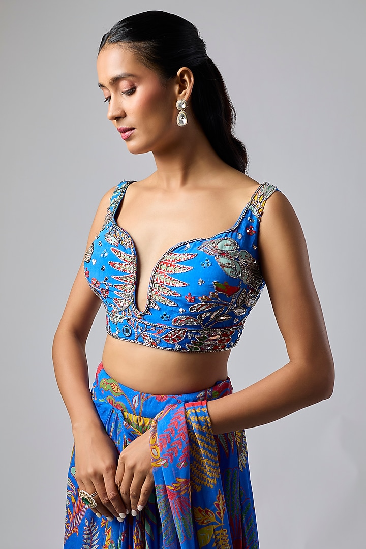 Electric Blue Crepe Featherfall Printed Draped Skirt Wedding Saree Set by DiyaRajvvir at Pernia's Pop Up Shop