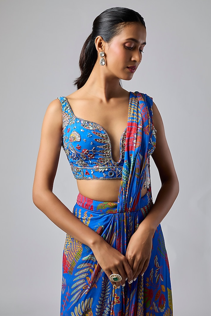 Electric Blue Crepe Featherfall Printed Draped Skirt Wedding Saree Set by DiyaRajvvir at Pernia's Pop Up Shop