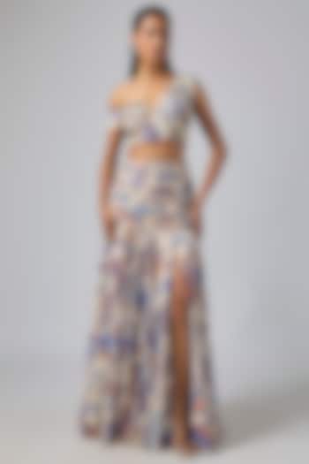 Ivory Crepe Featherfall Printed Ruched Slit Skirt Set by DiyaRajvvir at Pernia's Pop Up Shop