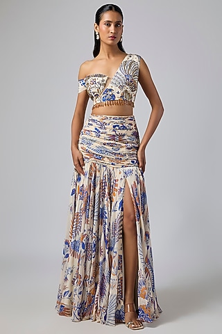Ivory Crepe Featherfall Printed Ruched Slit Skirt Set by DiyaRajvvir
