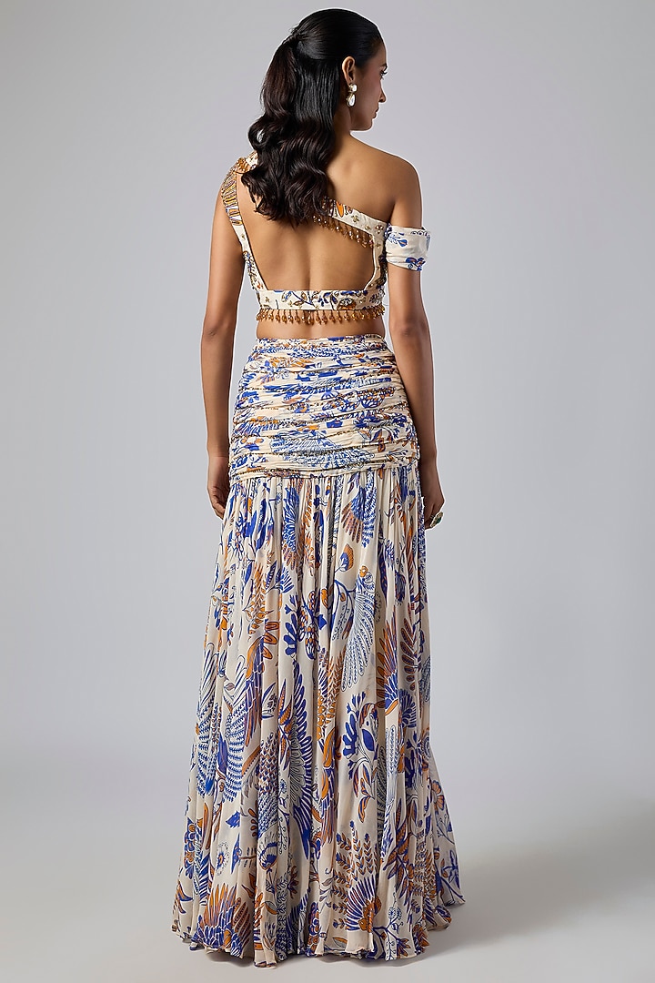Ivory Crepe Featherfall Printed Ruched Slit Skirt Set by DiyaRajvvir at Pernia's Pop Up Shop
