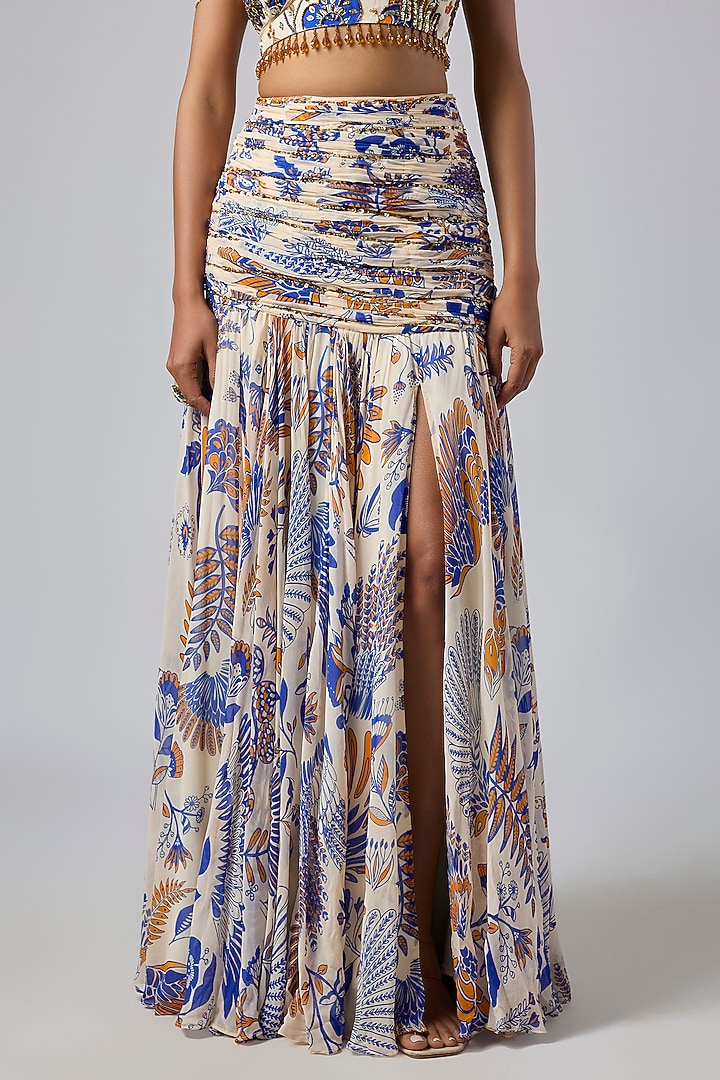 Ivory Crepe Featherfall Printed Ruched Slit Skirt Set by DiyaRajvvir at Pernia's Pop Up Shop