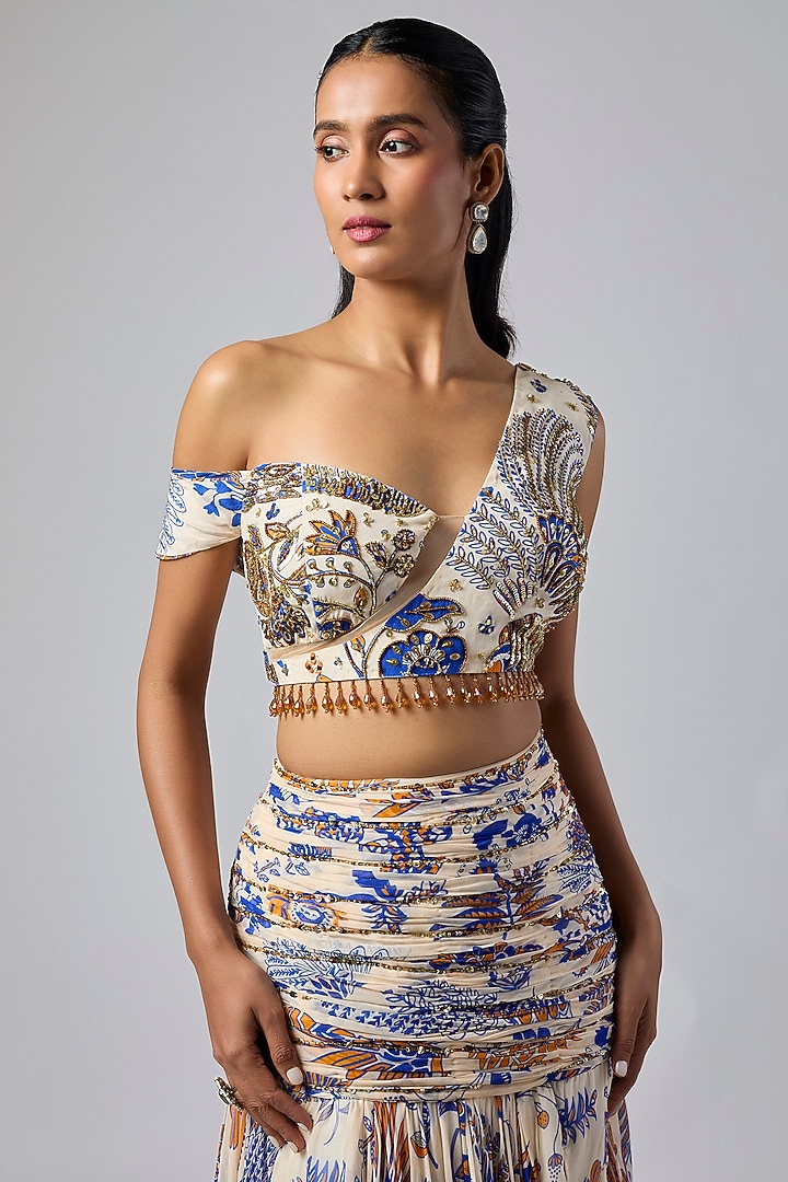 Ivory Crepe Featherfall Printed Ruched Slit Skirt Set by DiyaRajvvir at Pernia's Pop Up Shop