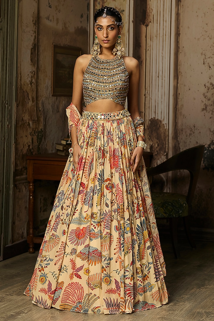 Beige Georgette Featherfall Printed Wedding Lehenga Set by DiyaRajvvir at Pernia's Pop Up Shop