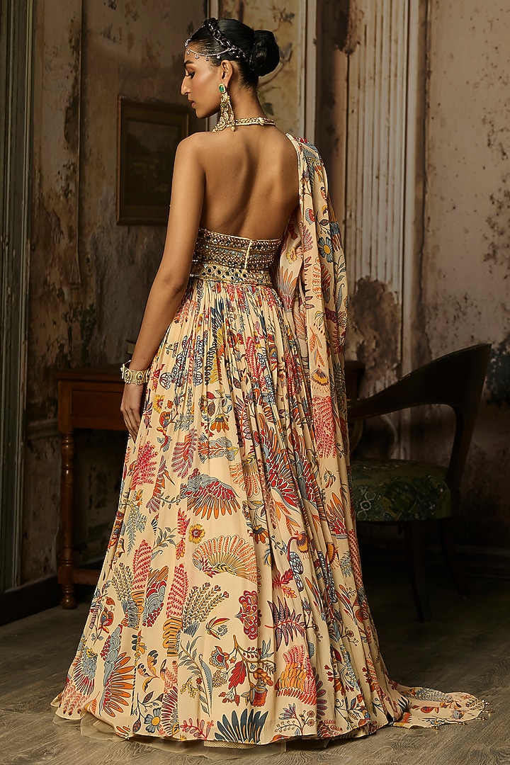 Beige Georgette Featherfall Printed Wedding Lehenga Set by DiyaRajvvir at Pernia's Pop Up Shop