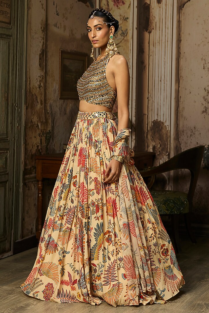 Beige Georgette Featherfall Printed Wedding Lehenga Set by DiyaRajvvir at Pernia's Pop Up Shop
