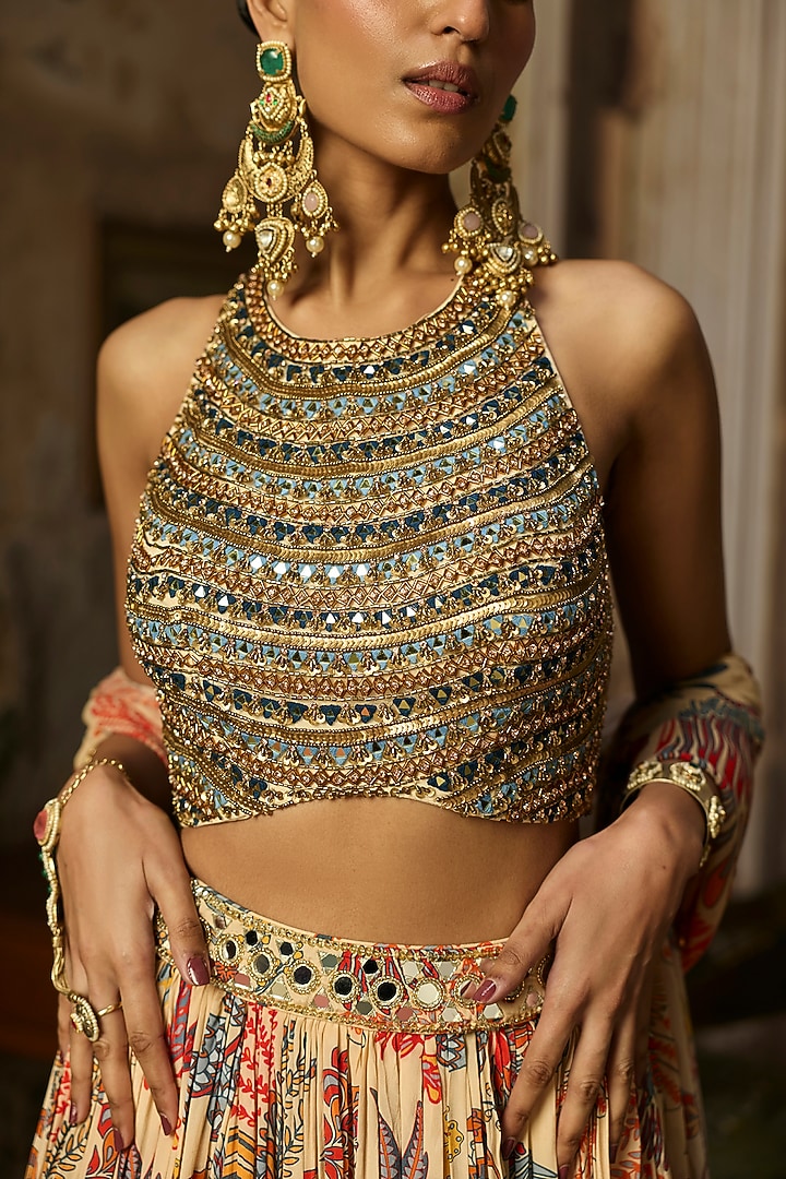 Beige Georgette Featherfall Printed Wedding Lehenga Set by DiyaRajvvir at Pernia's Pop Up Shop