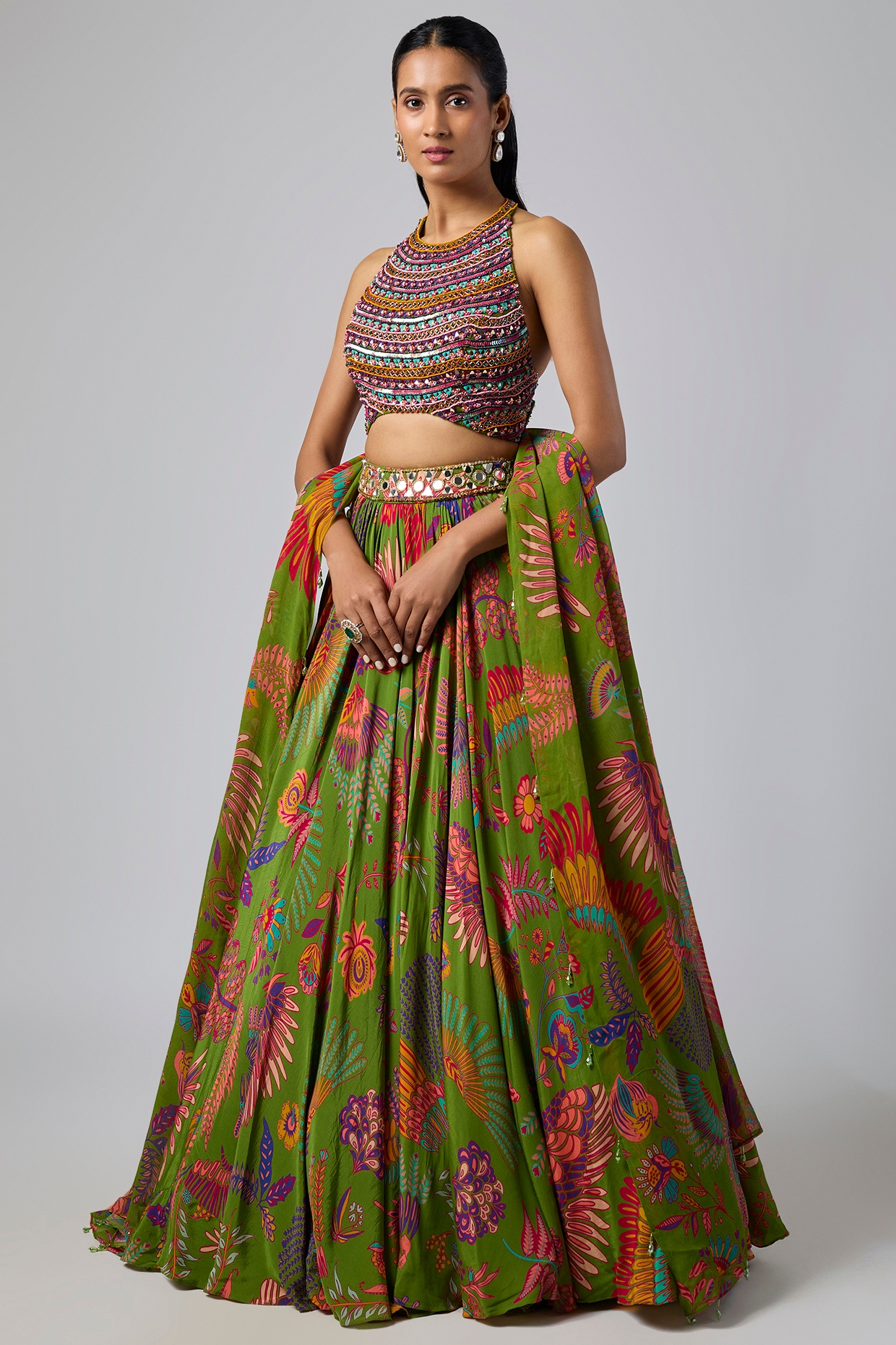 DiyaRajvvir Pear Green Tulle & Georgette Featherfall Printed Lehenga Set