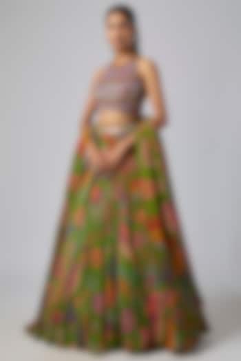 Pear Green Tulle & Georgette Featherfall Printed Wedding Lehenga Set by DiyaRajvvir at Pernia's Pop Up Shop
